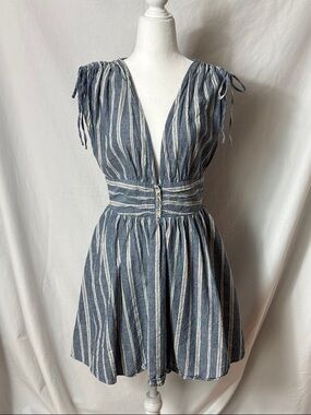 Free People Denim-Blue & White Striped Deep V Mini Dress